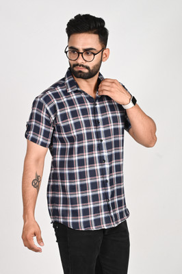 METRONAUT Men Checkered Casual Dark Blue Shirt