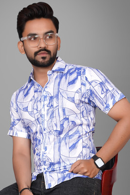 Voroxy Men Printed Casual Blue, White Shirt