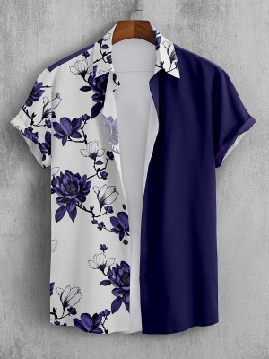 YUKAX Men Floral Print Casual Blue, White Shirt