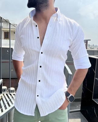 FABDACK Men Self Design Casual White Shirt