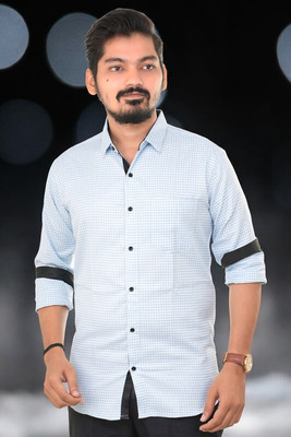 PUBHIZA Men Checkered Casual Light Blue Shirt