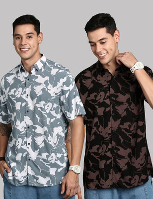TIGERSNAKE Men Printed Casual White, Black, Brown Shirt(Pack of 2)