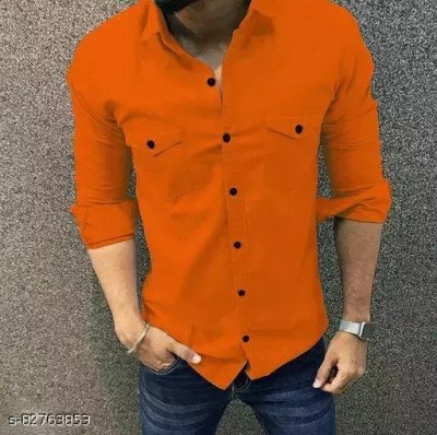 EMTY FASHION Men Solid Casual Orange Shirt