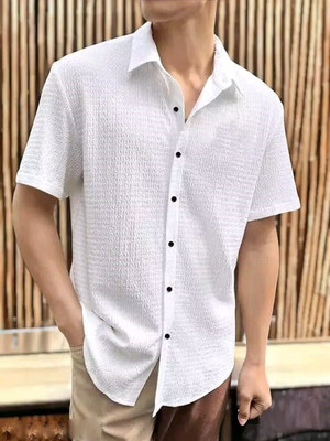 MUMIN Men Self Design Casual White Shirt