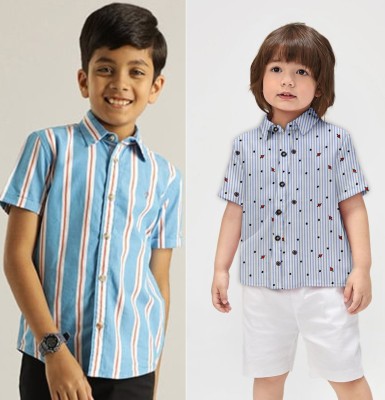 Janmangal Creation Boys Printed, Striped Casual Blue Shirt(Pack of 2)