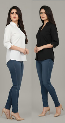 Prieto Women Solid Formal Black, White Shirt(Pack of 2)