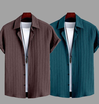 TIGERSNAKE Men Striped Casual Brown, Light Blue Shirt