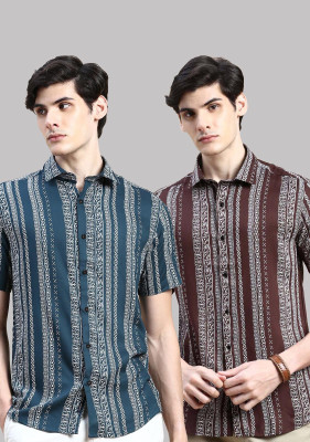 TIGERSNAKE Men Printed Casual Blue, Brown Shirt(Pack of 2)