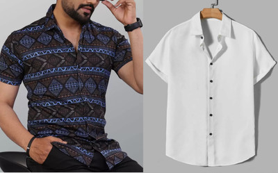 GrecoClothStore Men Printed Casual Blue Shirt(Pack of 2)