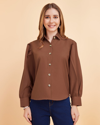GLOBAL NOMAD Women Solid Casual Brown Shirt