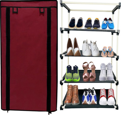 QURACK Multipurpose 4 Tiers Shoe Rack with Zip Door Cover&Side Pockets,Multiuse Storage Plastic Shoe Stand(Brown, 4 Shelves, DIY(Do-It-Yourself))