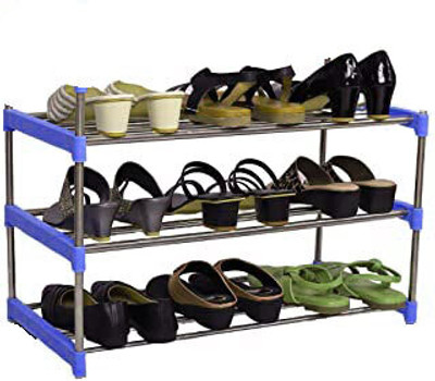 Plexus enterprises chappal stand & slippers stand for home collapsible Plastic Shoe Rack(Blue, White, 3 Shelves, DIY(Do-It-Yourself))