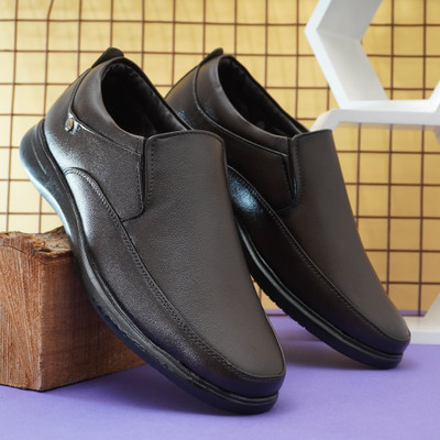 Zixer office Leather Formal shoes for men without lace Up Formal party shoes For Boys Loafers For Men(Brown , 9)