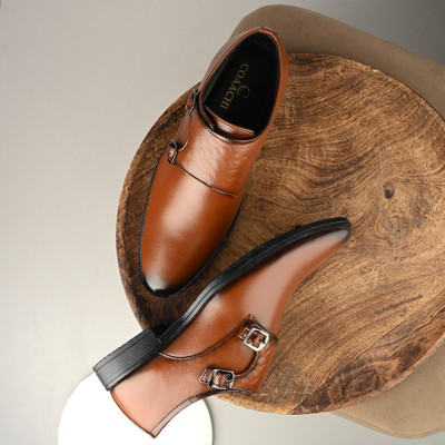 Coaachi Men's Double-Monk Strap Formal Shoes with Embossed Detail Monk Strap For Men(Tan , 9)