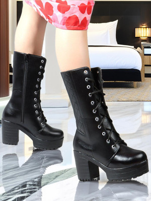 Divastri Women's Calf Length Buckle Detailed Stylish Cool Lace-up Boots Boots For Women Boots For Women(Black , 3)