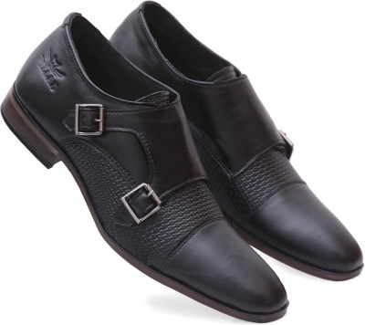PILLAA PILLAA Men's Leather Double Monk Strap Stylish Leather Slip On Shoes for Men Monk Strap For Men(Black)