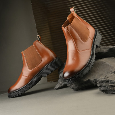 Shoe Island Men's Tan Leather Chelsea Boots | Slip-On Party Formals Casual Shoes for Men Boots For Men(Tan, Brown , 9)