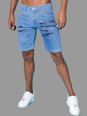 FUDE PRIDE Self Design Men Denim Light Blue Baggy Shorts