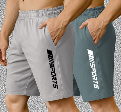 Men Grey, Green Sports Shorts