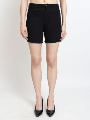 Live Ok Self Design Women Denim Black Denim Shorts