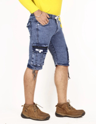 QFA Dyed/Washed Men Denim Light Blue Cargo Shorts