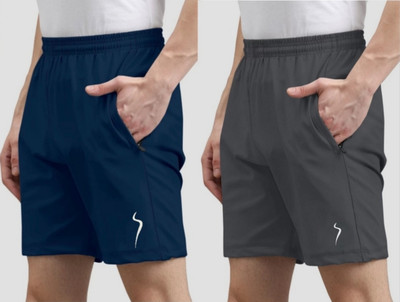 Solid Men Dark Blue, Dark Grey Basic Shorts