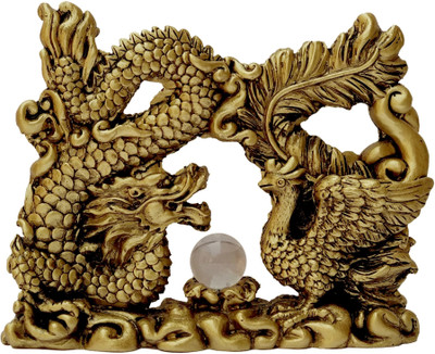 Vastu Art Vastu / Feng Shui / Dragon and Phoenix With Crystal Ball For Harmoney In Marriage, Love, Happyness & Bring Prosperity In Life Decorative Showpiece  -  12 cm(Polyresin, Gold)