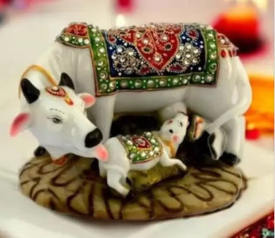 DARIDRA BHANJAN Marble Dust Beautiful Cow & Calf Statue Printed Cow Decorative Showpiece  -  10 cm(Marble, Multicolor)
