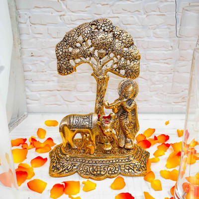 DVM Metal Krishna with Cow Standing Under Tree Plying Flute D04 Decorative Showpiece  -  17 cm(Metal, Gold)