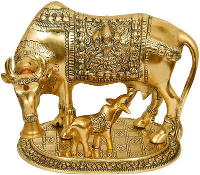 SBBCO Divine Edge Mini Kamdhenu Cow & Calf Idol Decorative Showpiece  -  16.21 cm(Metal, Gold)