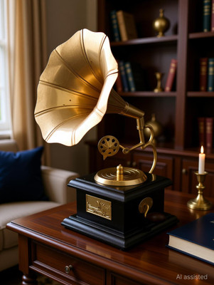 Kaka jiji handicrafts Handmade Antique look Gramaphone Showpiece for Bedroom Decor Decorative Showpiece  -  23.75 cm(Brass, Black, Gold)