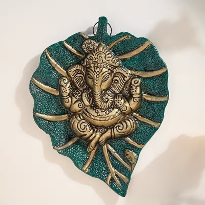 Divine Creations Pipal Leaf Hanging Ganesh Statue - Bring Health and Prosperity to Your Home Decorative Showpiece  -  18.5 cm(Metal, Green)