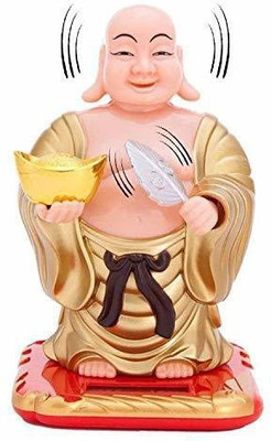 jangra PNOTED Solar Laughing Buddha Holding Ingot & Waving Fan and Moving Head Idol Decorative Showpiece  -  10 cm(Plastic, Multicolor)