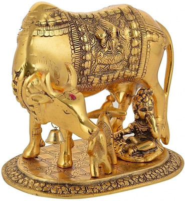 AARSHI CREATION Kamdhenu Cow and Calf with Krishna Idol Hindu Figurine for Home Temple Decorative Showpiece  -  14 cm(Brass, Aluminium, Gold)