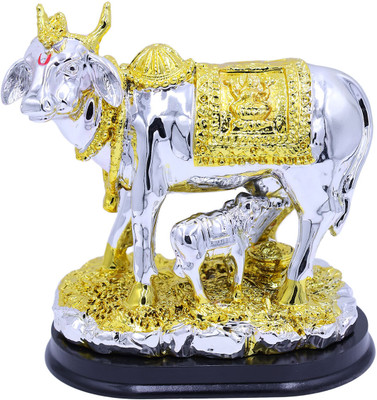 BHAGYA G Kamdhenu Cow and Calf Statue Showpiece Pooja Gift Home Office Decor Gift Decorative Showpiece  -  14 cm(Silver Plated, Silver)