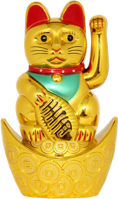 Feng Shui Art Vastu / Wlcome Cat Sitting On Money Ingot For Wealth And Prosperity Decorative Showpiece  -  18 cm(Plastic, Gold)