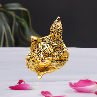 NOKTUS Kuber Idol with Deepam Oil Lamp for Pooja Room & Gift Items Figurines Aluminium Table Diya(Height: 3.5 inch)