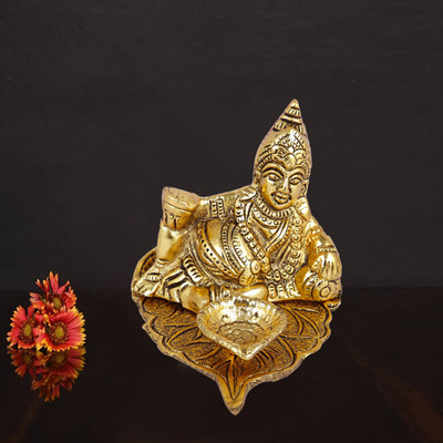 Kitlyn Kuber Deepak For Good Luck Kuber Sitting On Leaf WIth Diya Brass Table Diya(Height: 3.5 inch)