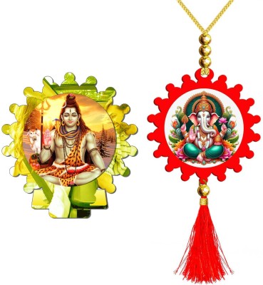 GiftsRange Shiva Golden Car Dashboard Idol & Ganesha Red Car Hanging Combo Decorative Showpiece  -  25 cm(Plastic, Multicolor, Gold)