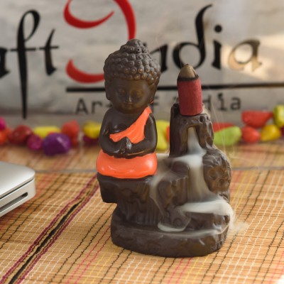 eCraftIndia Meditating Monk Buddha Smoke 30 Backflow Cone Decorative Incense Holder (7 cm x 7 cm x 12, Red) Decorative Showpiece  -  12 cm(Polyresin, Red, Brown)