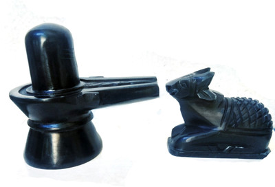 DARIDRA BHANJAN Handicrafts Black Marble Shiva Lingam Shivling & Nandi Ji Combo 3 inch Decorative Showpiece  -  8 cm(Marble, Stone, Black)