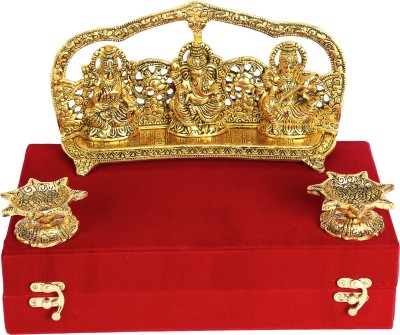 RKONECT Gold Laxmi Ganesh Saraswati Idol Murti In Velvet Box With 2 Pcs Diya Decorative Showpiece  -  15 cm(Metal, Gold)