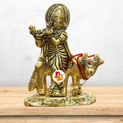 SBBCO Lord Krishna Idol Statue Gold Plated Flute Playing Krishna for Pooja WIth Cow Decorative Showpiece  -  10 cm(Metal, Gold)