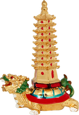 Feng Shui Art Vastu / Education Tower On Dragon Tortoise For Success And Happness Decorative Showpiece  -  17 cm(Polyresin, Gold)
