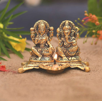 anil job works Metal Laxmi Ganesh Idol with Diya Showpiece for Home Decor and Gifts Decorative Showpiece  -  12 cm(Aluminium, Gold)