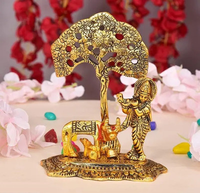 DVM Metal Krishna with Cow Standing Under Tree Plying Flute D16 Decorative Showpiece  -  17 cm(Metal, Gold)