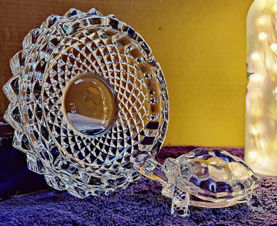 DVM Vastu Feng Shui Crystal Turtle Tortoise with Plate for Good Luck D01 Decorative Showpiece  -  10 cm(Crystal, White)