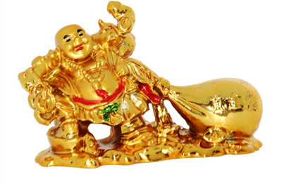 Feng Shui Art Vastu / Laughing Buddha With Money Ingot For Health , Wealth And Good Luck Decorative Showpiece  -  8 cm(Polyresin, Gold)