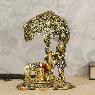 DVM Metal Krishna with Cow Standing Under Tree Plying Flute D18 Decorative Showpiece  -  17 cm(Metal, Gold)