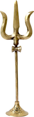 Neo Classic Trishul with Damru on Stand for Pooja Room Traditional Trident Statue Decorative Showpiece  -  10 cm(Resin, Gold)